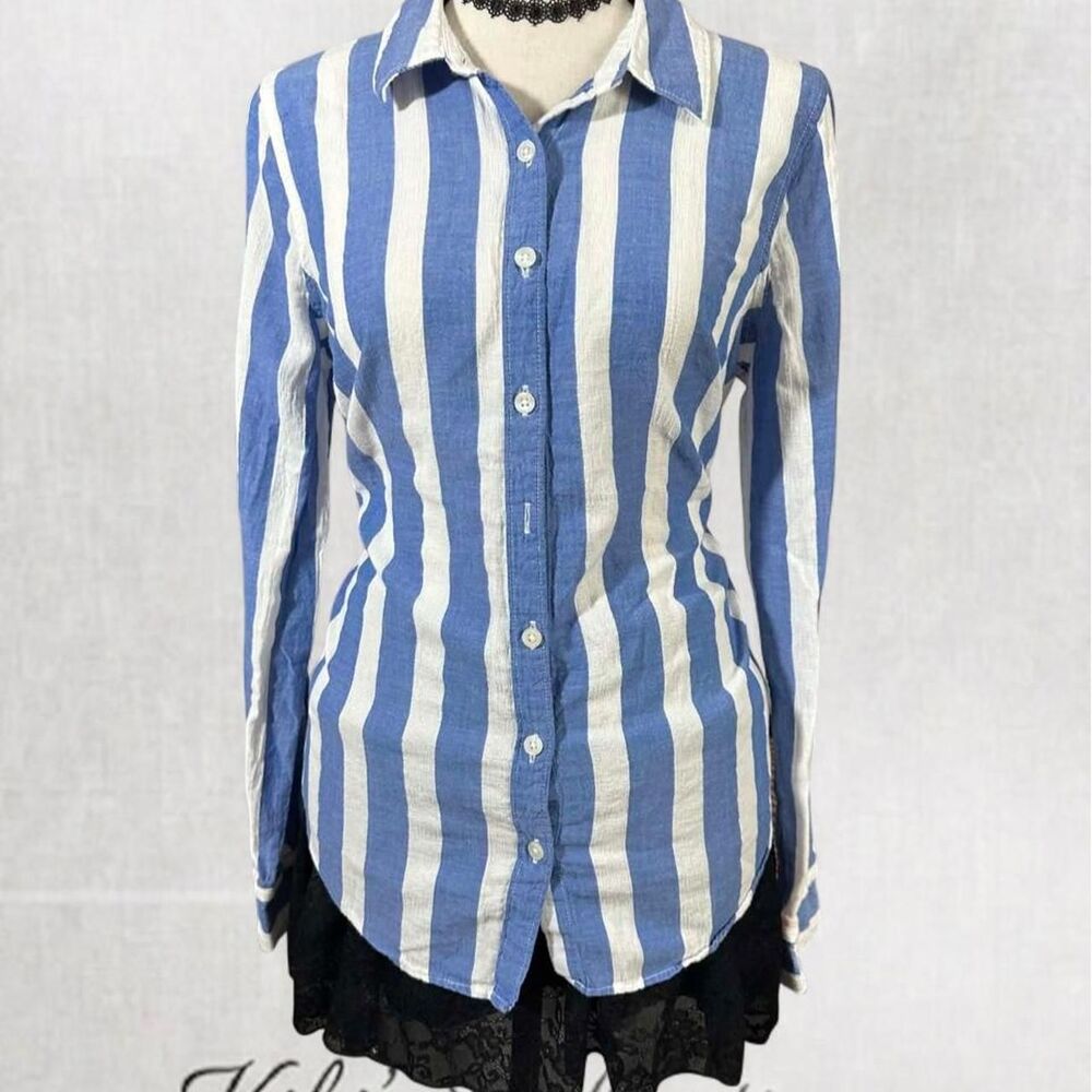 Y2K Style Preppy Blue and White Long Sleeve Button Up Top